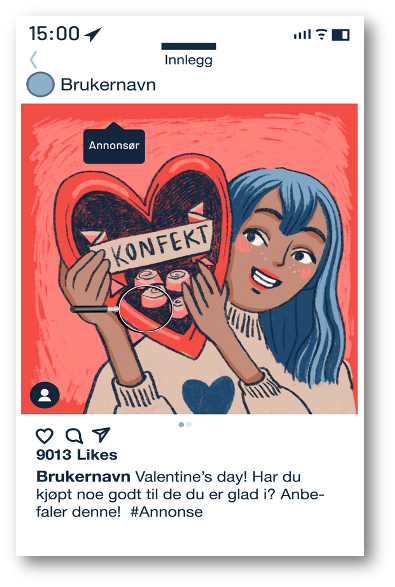 Skjermdump av  annonse for konfekt som er delt på sosial medieplattform.